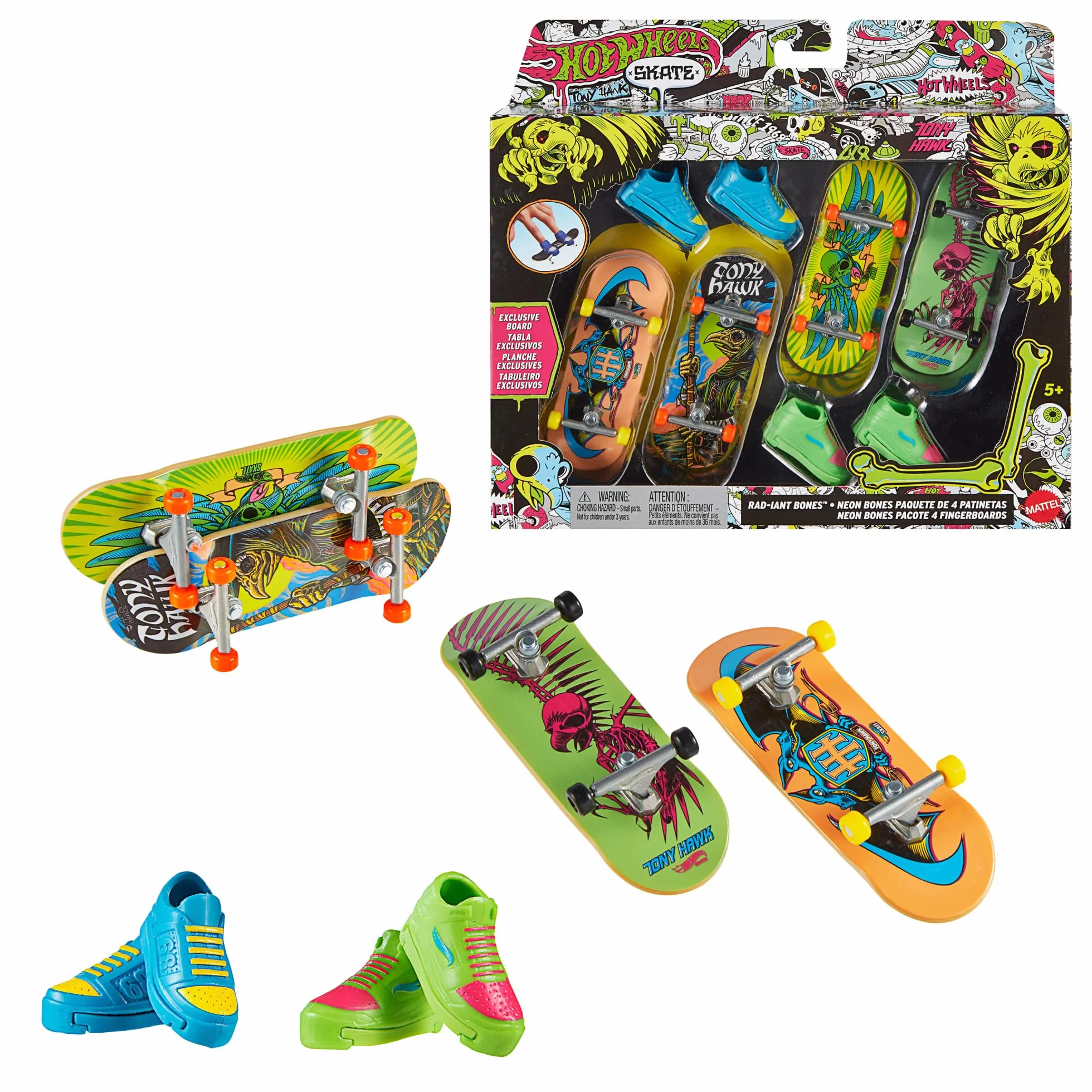 Hot Wheels Skate Neon Bones Deski 4-pak i buty Rad-Iant Bones Tony Hawk Zestaw 4 deskorolek do jazdy palcami i zdejmowanych butów deskorolkowych na palce zaprojektowanych z Tonym Hawkiem, HXK84
