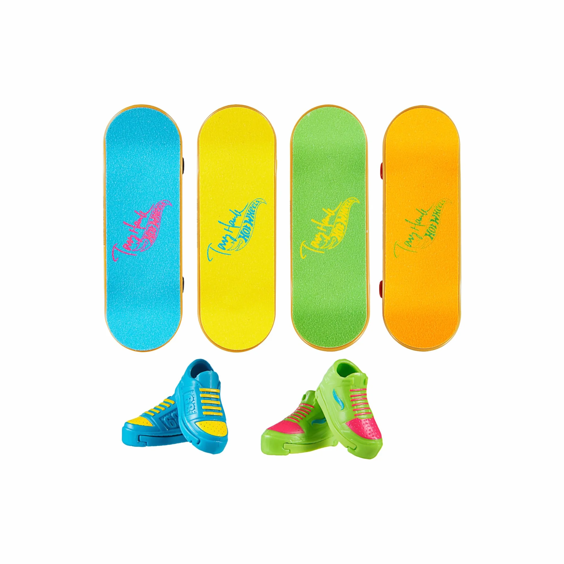 Hot Wheels Skate Neon Bones Deski 4-pak i buty Rad-Iant Bones Tony Hawk Zestaw 4 deskorolek do jazdy palcami i zdejmowanych butów deskorolkowych na palce zaprojektowanych z Tonym Hawkiem, HXK84