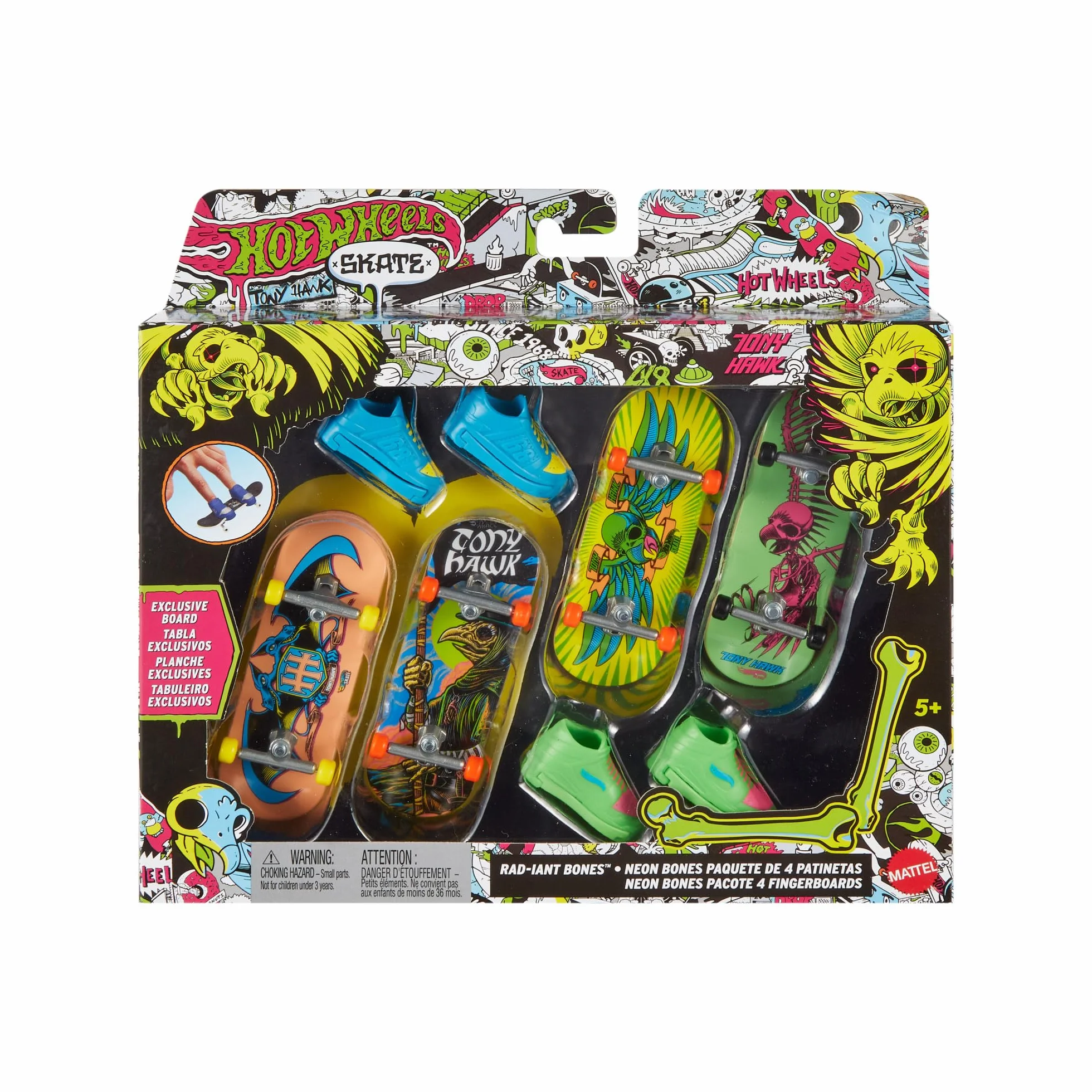 Hot Wheels Skate Neon Bones Deski 4-pak i buty Rad-Iant Bones Tony Hawk Zestaw 4 deskorolek do jazdy palcami i zdejmowanych butów deskorolkowych na palce zaprojektowanych z Tonym Hawkiem, HXK84