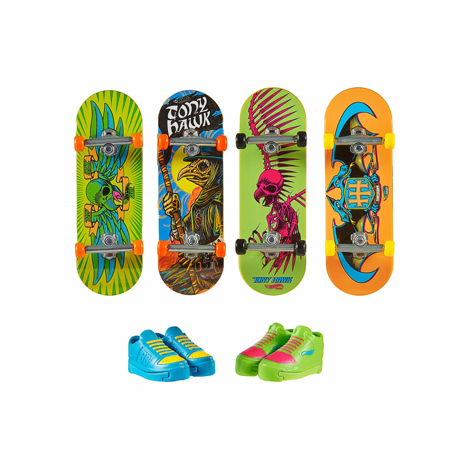 Hot Wheels Skate Neon Bones Deski 4-pak i buty Rad-Iant Bones Tony Hawk Zestaw 4 deskorolek do jazdy palcami i zdejmowanych butów deskorolkowych na palce zaprojektowanych z Tonym Hawkiem, HXK84