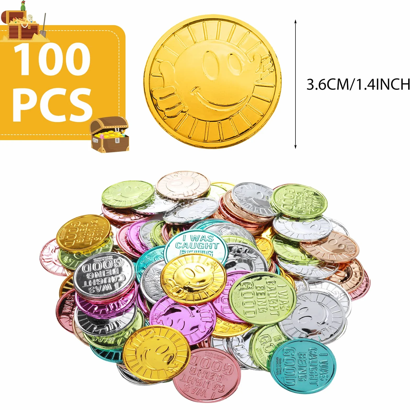 Prasacco 100 szt. Z?ote monety Smile, plastikowe moneta Kolorowe bu?ki i kciuk nagrody Z?ote monety dla dzieci - Z?APANO MNIE NA BYCIU DOBRYM (7 kolorów, ?rednica 3,6 cm)