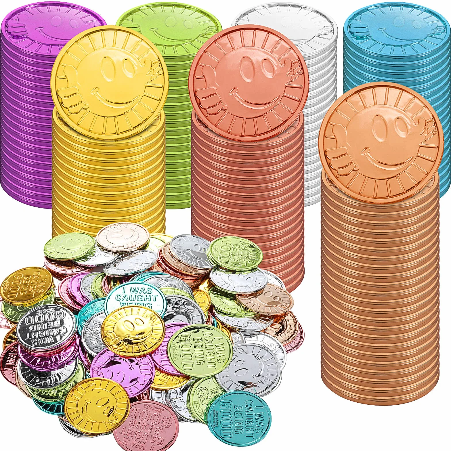 Prasacco 100 szt. Z?ote monety Smile, plastikowe moneta Kolorowe bu?ki i kciuk nagrody Z?ote monety dla dzieci - Z?APANO MNIE NA BYCIU DOBRYM (7 kolorów, ?rednica 3,6 cm)
